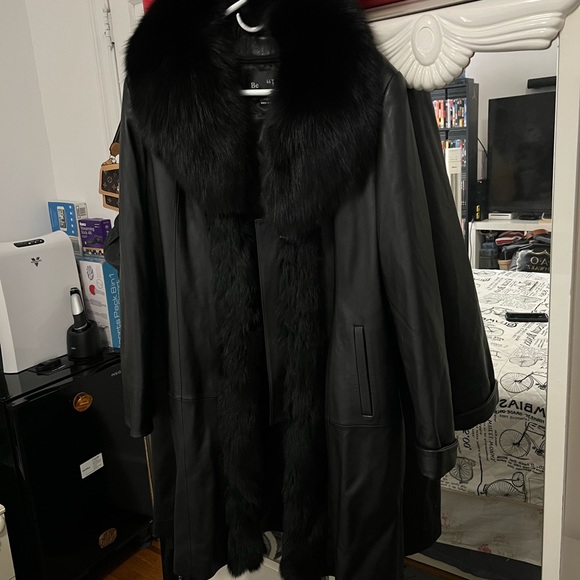 Black Fur Leather Trench Jacket - Picture 2 of 4